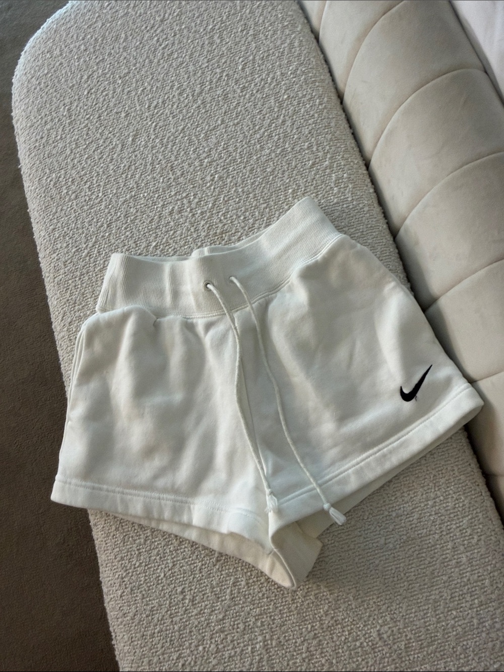 Nike Women's White Athletic Fleece Drawstring Shorts with Black Swoosh